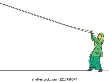 Continuous one line drawing young Arab female worker hanging on the rope to reach up her goals. Business challenge of entrepreneur concept. Single line draw design vector graphic illustration.