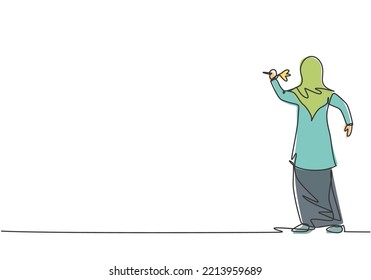 Continuous one line drawing young Arab female worker focus to hit target with a dart precise. Business goal management minimalist concept. Single line draw design vector graphic illustration.
