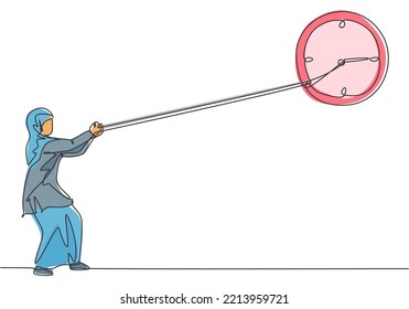 Continuous one line drawing young Arab female worker pulling clockwise of big analog wall clock with rope. Time management minimalist concept. Single line draw design vector graphic illustration.
