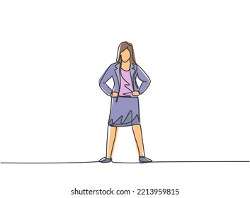 Continuous one line drawing young woman worker standing on the street thinking of her business. Minimalism metaphor business vision concept. Single line draw design vector graphic illustration.