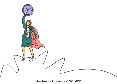 Continuous one line drawing young woman worker with wing flying to the sky to reach analog clock. Minimalism metaphor business deadline concept. Single line draw design vector graphic illustration.
