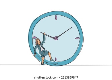 Continuous one line drawing young woman worker hanging on clockwise of giant analog clock. Business time discipline metaphor concept. Single line draw design vector graphic illustration.