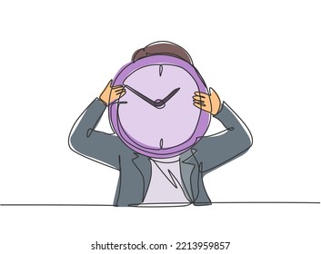 Continuous one line drawing young woman worker holding analog clock head at the office. Time management business discipline metaphor concept. Single line draw design vector graphic illustration.