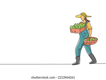 Kontinuierlich eine Linie zeichnen junge Bauern mit Kästen und Körben Früchte in ihren rechten und linken Händen. Erfolgreiches minimalistisches Konzept der Landwirtschaft. Vektorgrafik-Illustration mit Einzelzeilenzeichnung