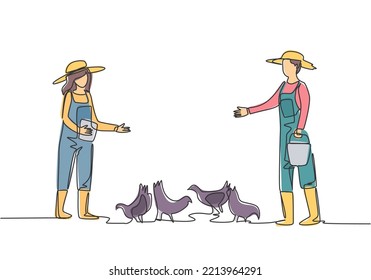 Continuous one line drawing young couple farmer is feeding the chickens with chicken feed. Successful farming activities minimalist concept. Single line draw design vector graphic illustration.
