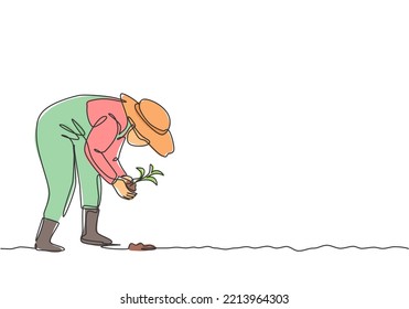 Continuous one line drawing young female farmer planting plant shoots in the ground. Start the planting period. Success farming minimalist concept. Single line draw design vector graphic illustration.