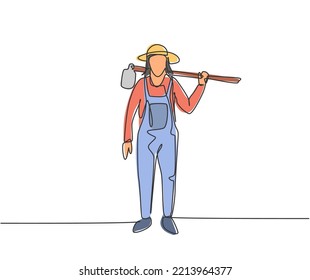 Una línea contínua dibujando a una joven agricultora llevaba azotes sobre sus hombros y listos para ir a la granja. El concepto minimalista de desafío agrícola. Ilustración gráfica vectorial de diseño de líneas simples.
