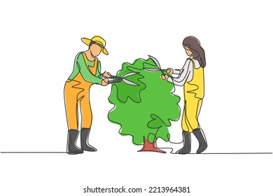Continuous one line drawing young couple farmer cut the leaves on the tree using plant scissors together. Farming challenge minimalist concept. Single line draw design vector graphic illustration.
