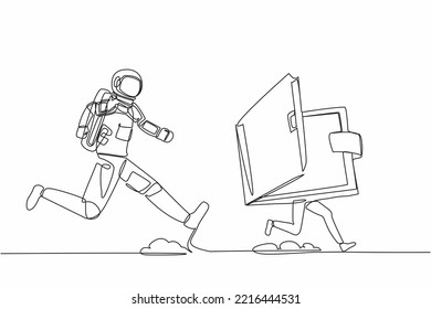 Continuous one line drawing of young astronaut run chasing wallet in moon surface. Digital wallet managed by satellite technology. Cosmonaut outer space concept. Single line design vector illustration