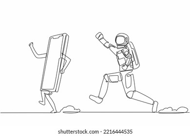 Continuous one line drawing of young astronaut run chasing smartphone in moon surface. Communication revolution with satellite phone. Cosmonaut outer space. Single line draw design vector illustration