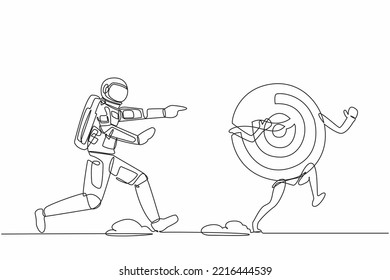 Continuous one line drawing young astronaut chase dartboard target in moon surface. Accuracy, precision planning for space missions. Cosmonaut outer space. Single line draw design vector illustration