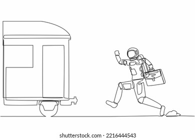 Continuous one line drawing of young astronaut run chasing train in moon surface. Transport system in space station. Cosmonaut outer space concept. Single line draw design vector graphic illustration