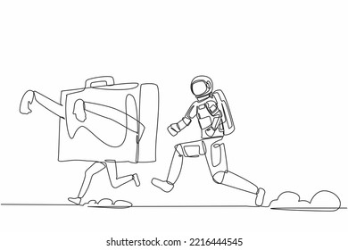 Continuous one line drawing of young astronaut running chasing briefcase in moon surface. Huge bag for space travel. Cosmonaut outer space concept. Single line draw design vector graphic illustration