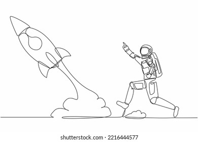 Continuous one line drawing young astronaut run chasing rocket take off in moon surface. Left behind departure back to earth. Cosmonaut outer space concept. Single line draw design vector illustration