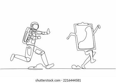 Continuous one line drawing of young astronaut chasing clipboard in moon surface. Spaceship launch preparation checklist document. Cosmonaut outer space. Single line design vector graphic illustration
