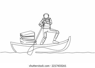 Continuous one line drawing young astronaut sailing away on boat with stack of papers. Manage digital document in spaceship company. Cosmonaut outer space. Single line draw design vector illustration