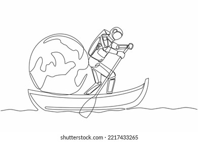 Continuous one line drawing young astronaut sailing away on boat with globe. Exploration mission journey across planets. Cosmonaut outer space concept. Single line design vector graphic illustration