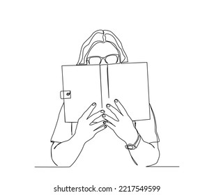 Continuous one line drawing of young woman reading a book. A girl wearing sunglasses and reading book single line art drawing vector illustration.