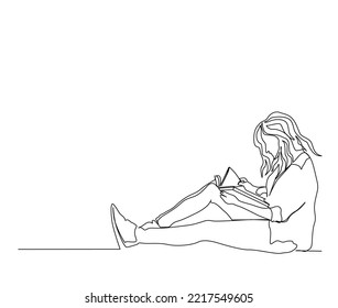 Dibujo continuo de una línea de una joven leyendo un libro. Una niña sentada y leyendo un libro de una sola línea de dibujo ilustración vectorial.