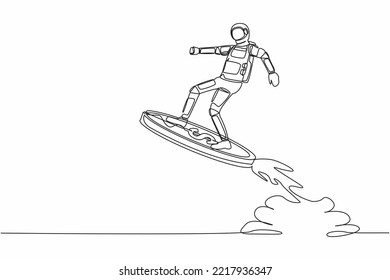 Continuous one line drawing young astronaut riding dollar coin rocket flying in moon surface  Space exploration business advantages  Cosmonaut outer space  Single line draw design vector illustration