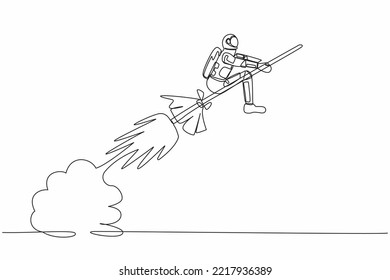 Continuous one line drawing of young astronaut riding magic broom rocket flying in moon surface. Launching spaceship company. Cosmonaut outer space. Single line draw design vector graphic illustration