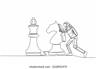 Continuous one line drawing of young astronaut push huge knight horse chess piece to take down king in moon surface. Cosmonaut outer space concept. Single line draw design vector graphic illustration