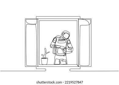 Continuous one line drawing young astronaut and houseplant holding cat   looking through window in moon surface  Cosmonaut outer space concept  Single line draw graphic design vector illustration