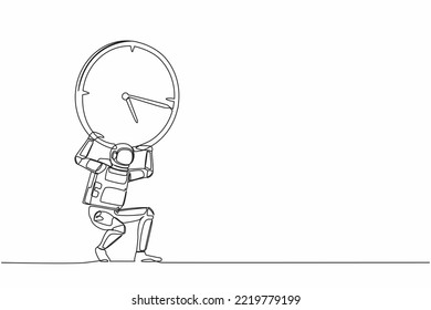 Continuous one line drawing young astronaut carrying heavy clock on his back. Galactic exploration within deadline and timeline. Cosmonaut outer space. Single line graphic design vector illustration