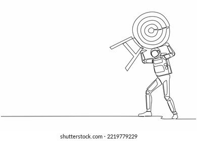 Continuous one line drawing young astronaut carrying heavy target on his back. Exhausted to achieve space exploration competition. Cosmonaut outer space. Single line graphic design vector illustration svg