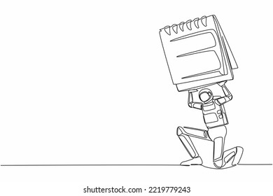 Continuous one line drawing young astronaut carrying heavy calendar on his back. Spaceman with exploration problem and deadline. Cosmonaut outer space. Single line graphic design vector illustration