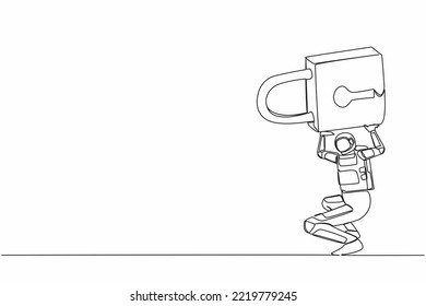 Continuous one line drawing young astronaut carrying heavy padlock on his back. Space company bankruptcy in financial crisis. Cosmonaut outer space. Single line draw graphic design vector illustration