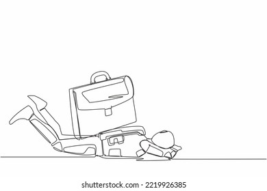 Continuous one line drawing young astronaut under heavy briefcase burden in moon surface. Pressure from too much responsibility. Cosmonaut outer space. Single line graphic design vector illustration