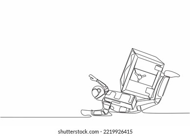 Continuous one line drawing young astronaut under heavy safe deposit box burden. Impact in pandemic crisis, bankruptcy at space industry. Cosmonaut outer space. Single line design vector illustration