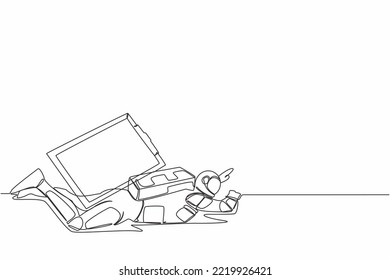 Continuous one line drawing young astronaut under heavy clipboard burden. Busy spaceman with checklist expedition tasks document. Cosmonaut outer space. Single line graphic design vector illustration