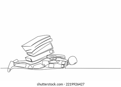 Continuous one line drawing young astronaut under heavy pile paper folder burden. Tired spaceman due to galactic exploration. Cosmonaut outer space. Single line draw graphic design vector illustration svg