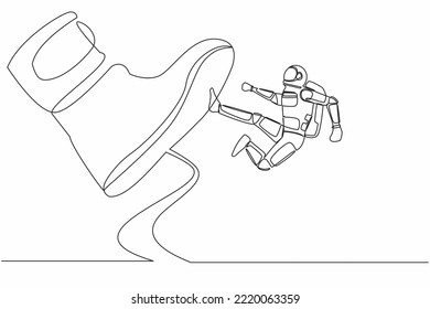 Continuous one line drawing young astronaut kick giant foot stomp in moon surface. Spaceman doing flying kick to big boot. Cosmonaut outer space concept. Single line graphic design vector illustration svg