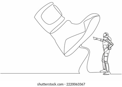 Continuous one line drawing young astronaut facing against giant shoes stomping. Spaceman pointing against giant foot step. Cosmonaut outer space. Single line draw graphic design vector illustration