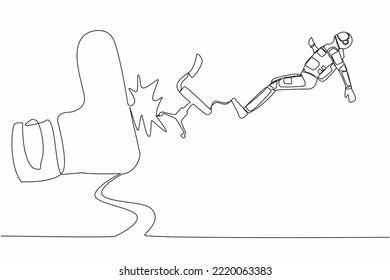 Continuous one line drawing young astronaut kicked out by big foot from chair in moon surface. Staff reduction in spaceship company. Cosmonaut outer space. Single line draw design vector illustration