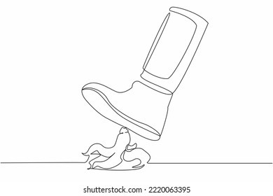 Continuous one line drawing young astronaut leg step on banana peel. Imminent danger, banana peel underfoot. Science risk concept. Cosmonaut outer space. Single line graphic design vector illustration