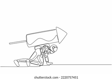 Continuous one line drawing young astronaut with rocket on back stand on start ready for spaceship expedition race. Cosmonaut outer space concept. Single line draw graphic design vector illustration