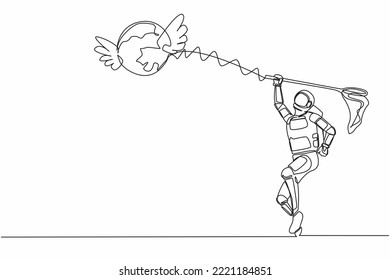 Continuous one line drawing young astronaut try to catching flying globe with butterfly net. Space trip and travel around the planet. Cosmonaut outer space. Single line draw design vector illustration