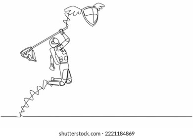 Continuous one line drawing young astronaut try to catching flying shield with butterfly net. Security for spaceship protection. Cosmonaut outer space. Single line graphic design vector illustration