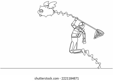 Continuous one line drawing young astronaut try to catching flying piggy bank with butterfly net. Money saving for spaceship investment. Cosmonaut outer space. Single line design vector illustration