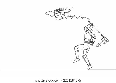 Continuous one line drawing young astronaut try to catching flying gift box with butterfly net. Winged package from other galaxy. Cosmonaut outer space. Single line graphic design vector illustration