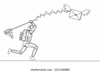 Continuous one line drawing of young astronaut try to catching flying mail with butterfly net. Message from spaceship exploration. Cosmonaut outer space. Single line graphic design vector illustration