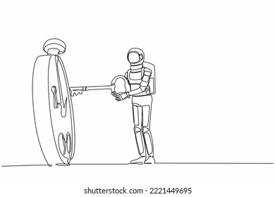 Continuous one line drawing young astronaut putting big key into stopwatch. Effective planning for productive work in space company. Cosmonaut outer space. Single line draw design vector illustration svg