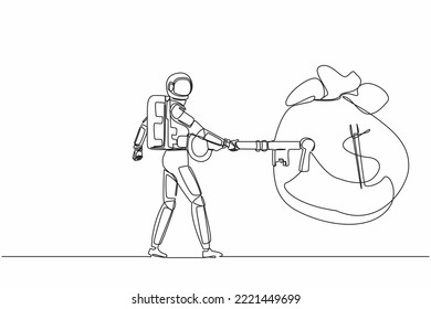Continuous one line drawing young astronaut put big key into money bag. Financial and success investment for spaceship industry. Cosmonaut outer space. Single line graphic design vector illustration