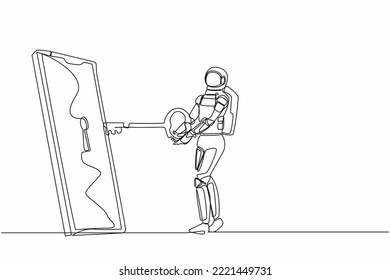 Una línea contínua dibujando a un joven astronauta puso la llave en un smartphone. Privacidad de datos de hacker para la compañía espacial. Seguridad de contraseña. Espacio ultraterrestre Cosmonauta. Ilustración vectorial de diseño de líneas simples
