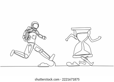 Continuous one line drawing of young astronaut run chasing hourglass in moon surface. Time management, space exploration schedule. Cosmonaut outer space. Single line graphic design vector illustration