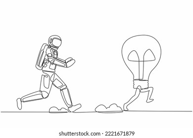 Continuous one line drawing young astronaut run chasing light bulb in moon surface. Innovation in discovery of new planets. Cosmonaut outer space concept. Single line draw design vector illustration svg